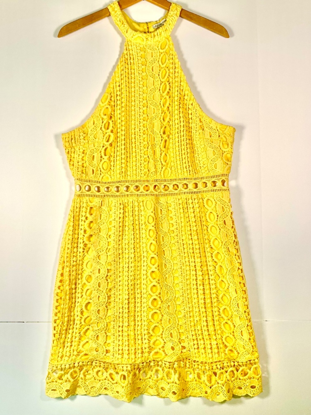 Charlotte Russe vibrant lemon yellow halter mini dress lace/crochet scallop hem